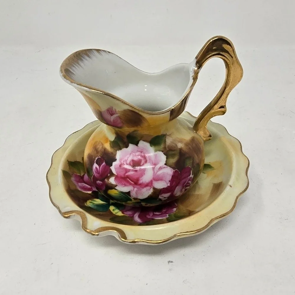 Vtg Enesco porcelain mini wash bowl & pitcher pink roses Japan hand painted